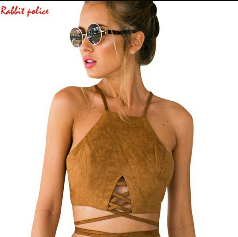 !!SOLD!! Faux suede Festival Tie Crop Top